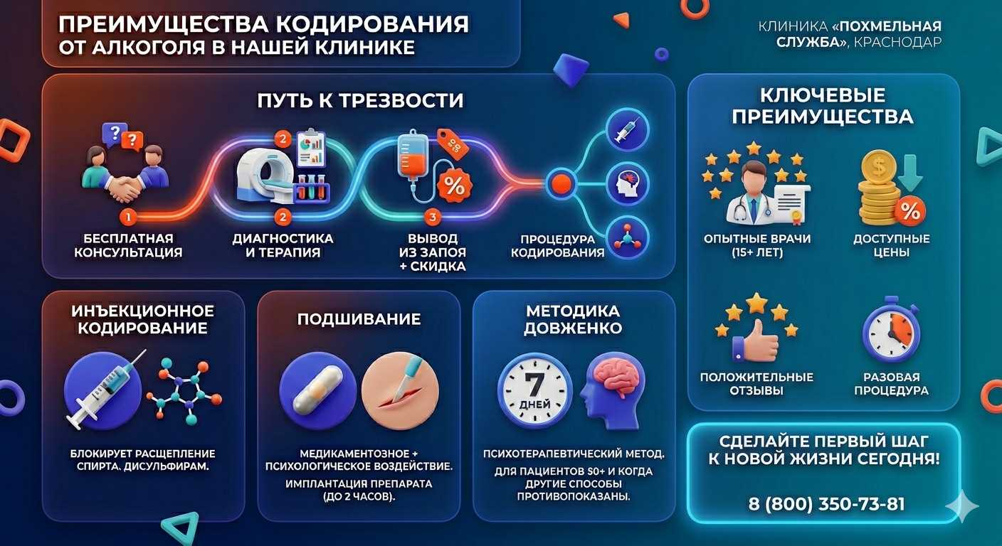 Инфографика о методах кодирования от алкоголя в Бураево: инъекции, подшивание, метод Довженко. Преимущества клиники и этапы лечения.